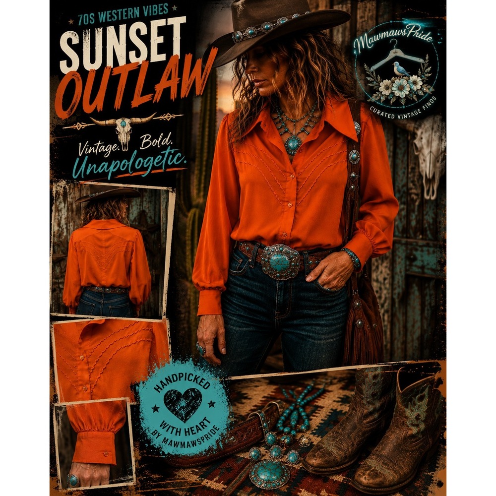 Vintage 70s Lady Manhattan Orange Western Blouse Disco Cowgirl Boho